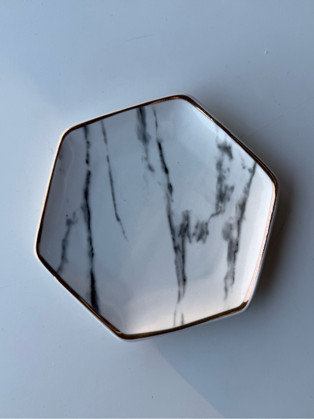 Hexagon Marble-Effect Trinket Dish with Gold Edge